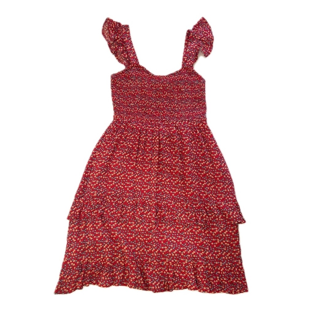 Altar'd State Red Floral Short Ruffle Sleeve Sundress Layered Dress Lined Sz M